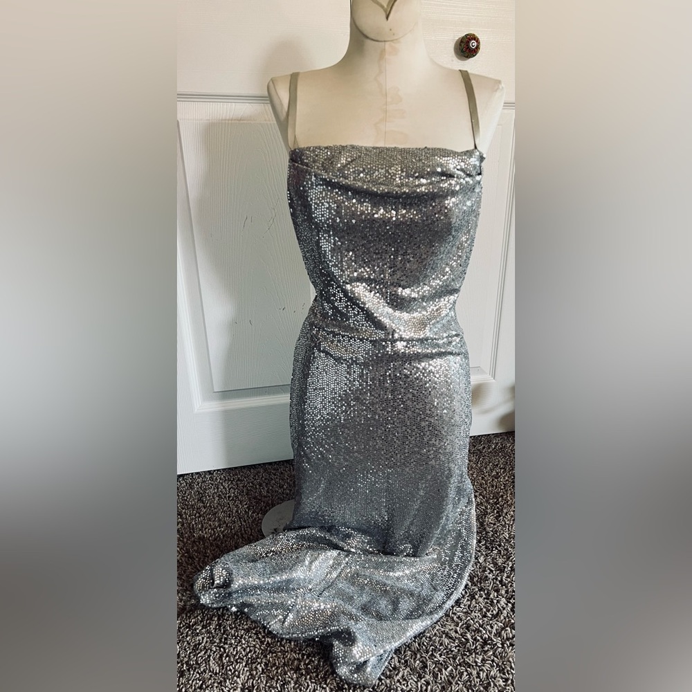 Vintage Bebe Silver Strap Sequin Dress NYE holiday sexy bodycon split leg midi